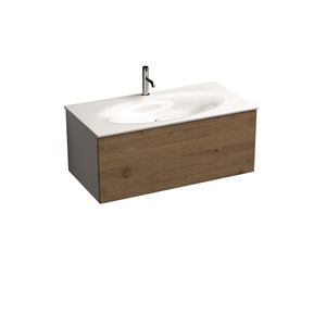 MOBILE sospeso bianco con frontale rovere e sifone salvaspazio per lavabo Shape 102 cm.