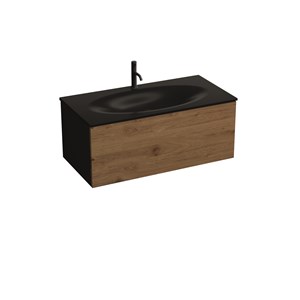 MOBILE sospeso nero con frontale rovere e sifone salvaspazio per lavabo Shape 102 cm.