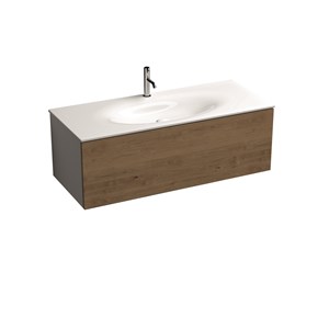 MOBILE sospeso bianco con frontale rovere e sifone salvaspazio per lavabo Shape 122 cm.