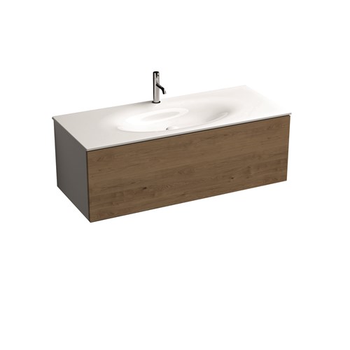 MOBILE sospeso bianco con frontale rovere e sifone salvaspazio per lavabo Shape 122 cm.