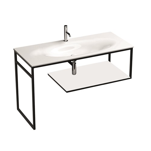 LOUISE struttura a terra in acciaio inox nero matt con ripiano in gres bianco per lavabo