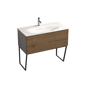 MOBILE a terra bianco con frontale rovere e sifone salvaspazio per lavabo Shape 102 cm. White floor