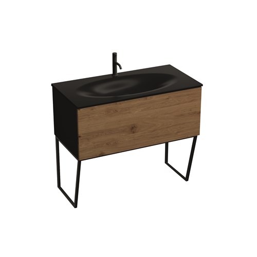 MOBILE a terra nero con frontale rovere e sifone salvaspazio per lavabo Shape 102 cm.