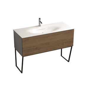 MOBILE a terra bianco con frontale rovere e sifone salvaspazio per lavabo Shape 122 cm.