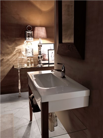 lavabo con coppia gambe in frassino scuro cod 3931, Specchio sospeso in frassino scuro cod 9181